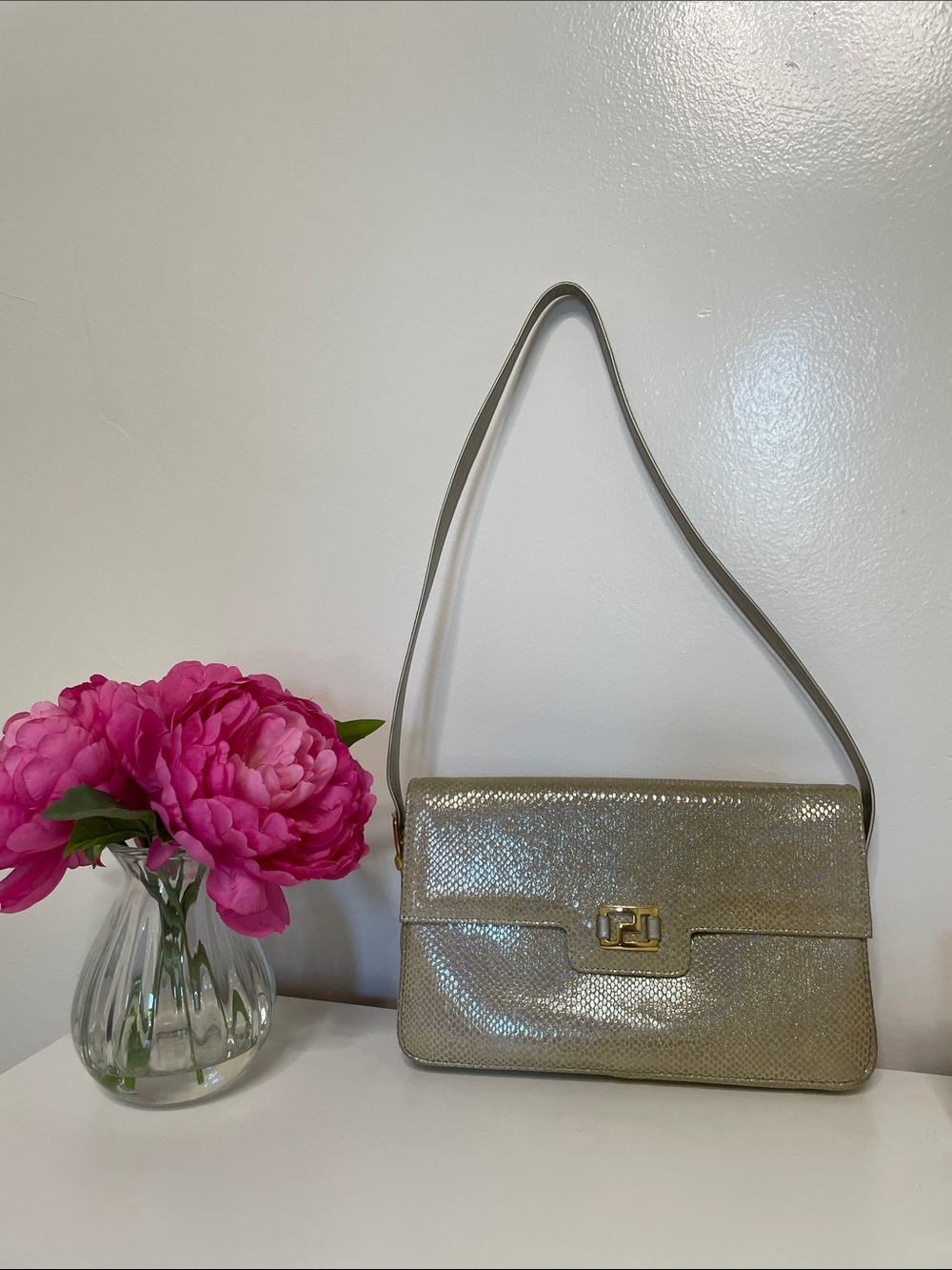 Due Fratelli Vintage Iridescent Metallic Lizard Leather Shoulder Bag